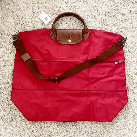 Longchamp Le Pliage Original Expandable Tote Travel Bag NWT Red Leather - Picture 15 of 16